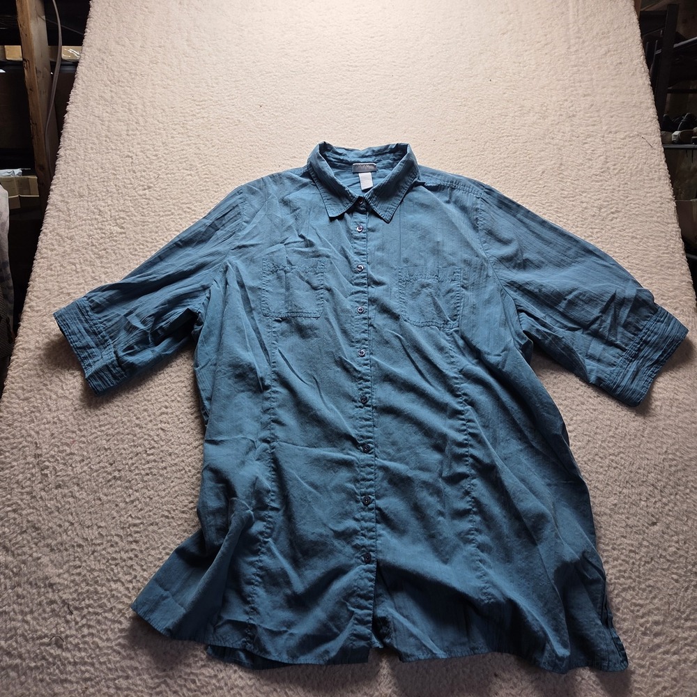 Liz & Me Button Up Shirt Womens Plus 3X Blue Collared 3/4 Sleeve Tunic Top